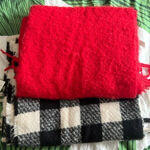 Set of 2 fuzzy blanket scarves - solid red and black and ivory checks